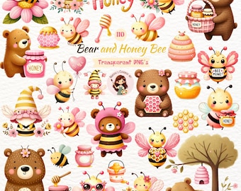 Honey Bear and Bee Clipart Bundle | Little Bee Floral Watercolor PNG Set (110 files)Instant Download