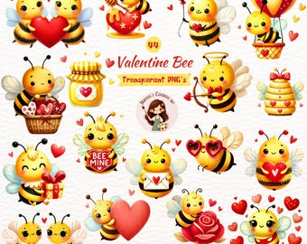 Watercolor Valentine Bee PNG Clipart Bundle (Digital Download)