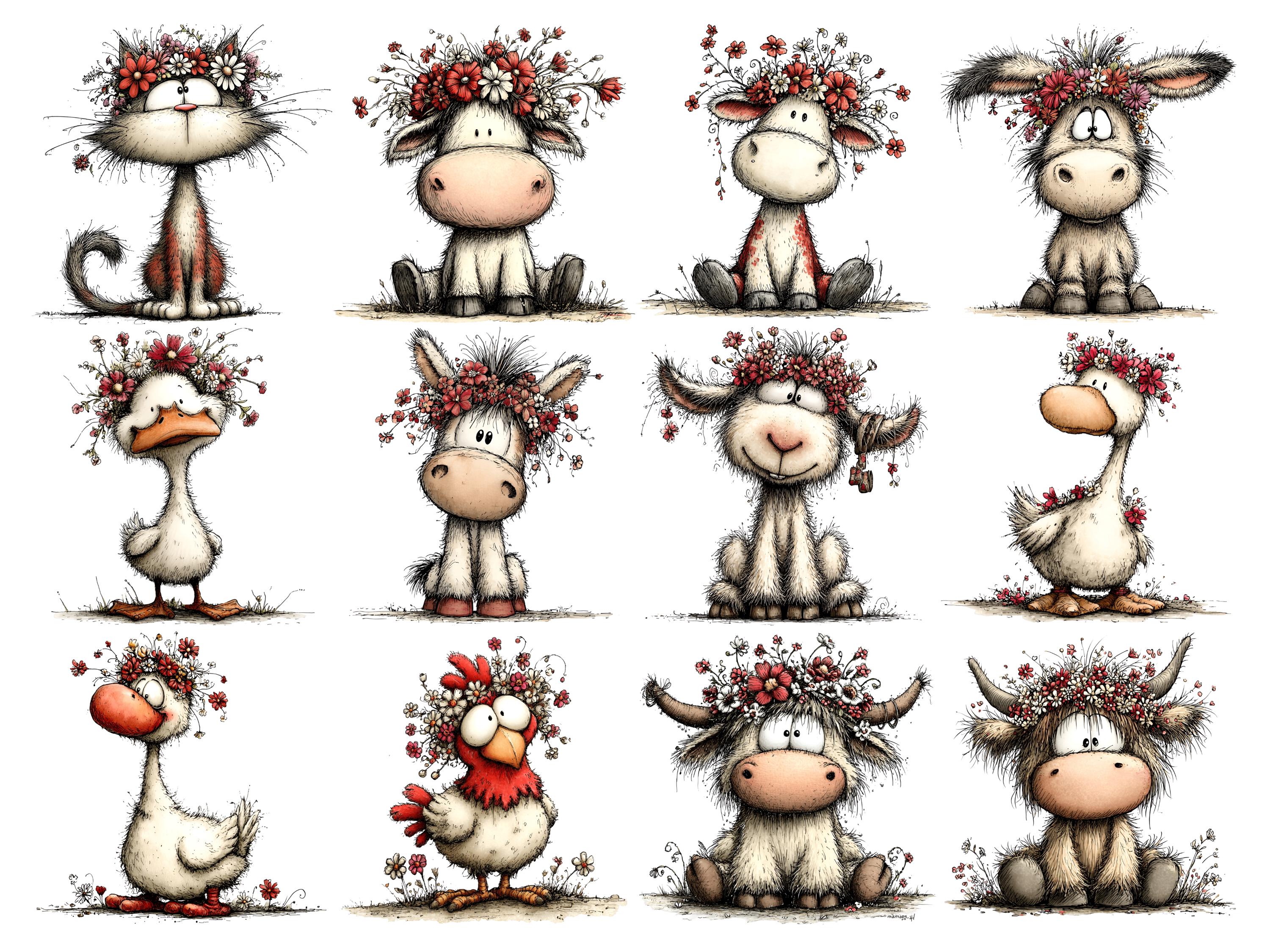 Whimsical Farm Animals Clipart – Floral Spring PNG Set (digital ...