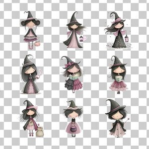 Puede incluir: Ilustraciones en acuarela de personajes de brujas caprichosas en varias poses. Cada bruja est&aacute; representada con cabello oscuro, un sombrero puntiagudo y un vestido en tonos de negro, rosa y morado. Algunas sostienen linternas, libros o bolsas.