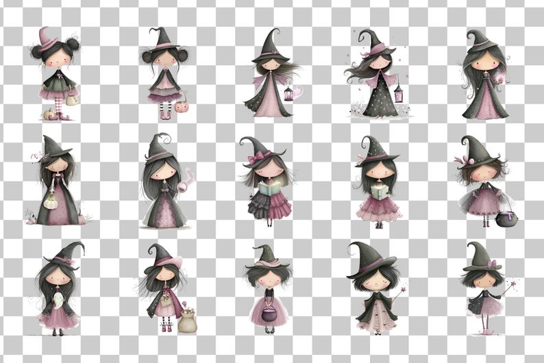 Puede incluir: Ilustraciones en acuarela de personajes de brujas caprichosas en varias poses. Cada bruja est&aacute; representada con cabello oscuro, un sombrero puntiagudo y un vestido en tonos de negro, rosa y morado. Algunas sostienen linternas, libros o bolsas.