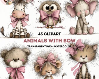 Cute Animals with Bow Clipart PNG, Watercolor Baby Nursery Set (45 PNG)(Digital Download)