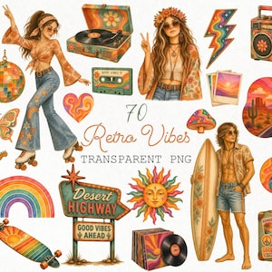 May include: A collection of 70 retro-themed PNG images featuring illustrations of a woman roller skating, a boombox, a desert highway sign, a vinyl record player, a rainbow, a skateboard, and a surfboard. The images have a vintage, bohemian aesthetic.