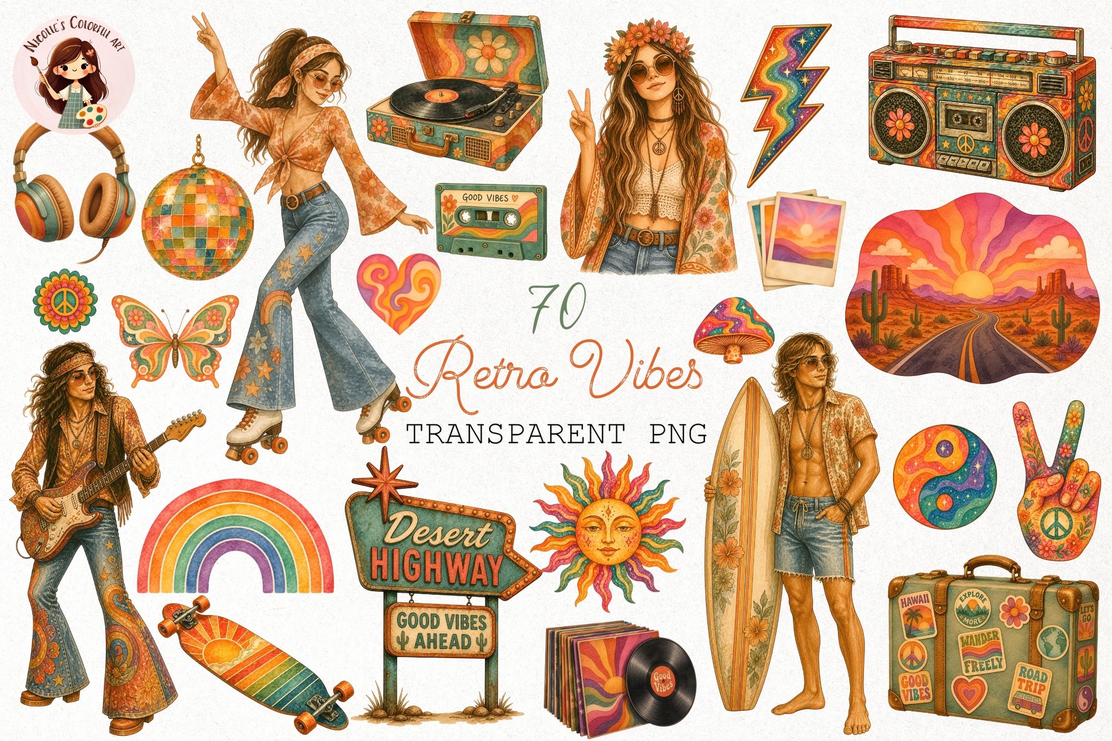 Retro Nostalgia Clipart PNG / Hippie 70s Elements Bundle / Groovy Boho ...