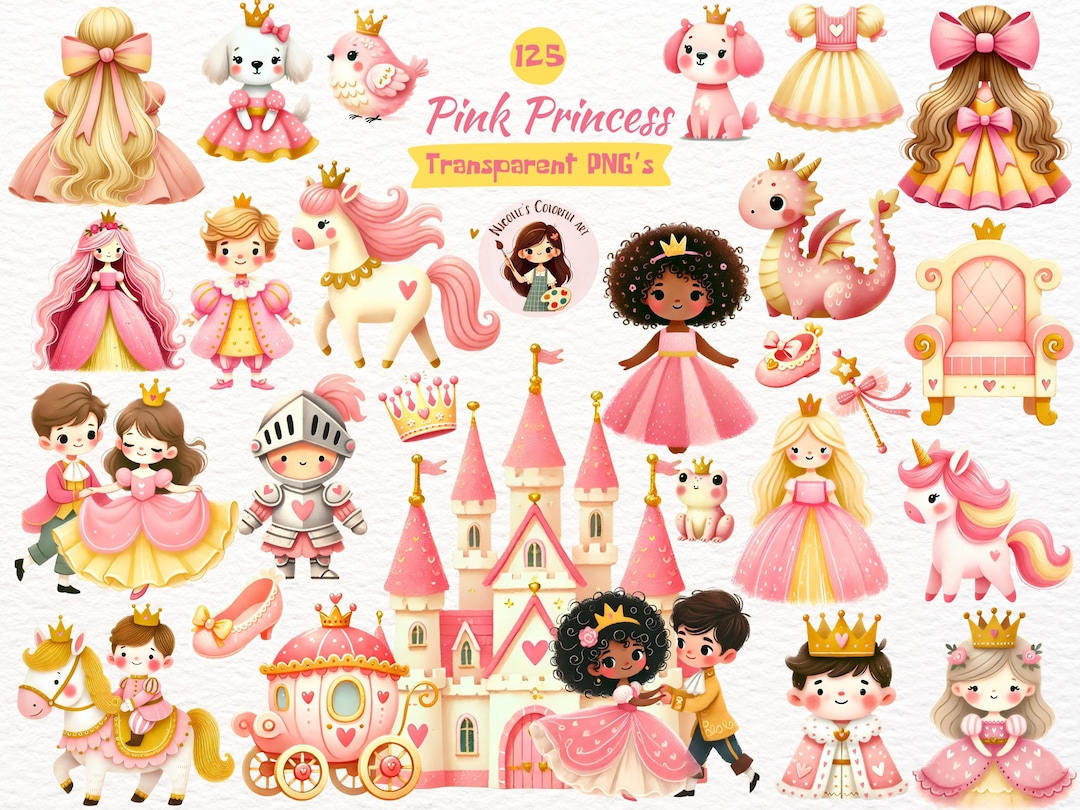 Pink Princess Clipart Bundle | Fairytale Girls Watercolor PNG Set ...