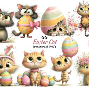 May include: A collection of whimsical cartoon cats with Easter-themed designs. The cats are depicted with Easter eggs, flowers, and bunny ears. The image includes the text "66 Easter Cat Transparent PNG's".