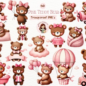 Pink teddy bear clipart / Watercolor teddy bear clipart / Cute teddy bear clipart  / Watercolor teddy bear bundle / Commercial use clipart