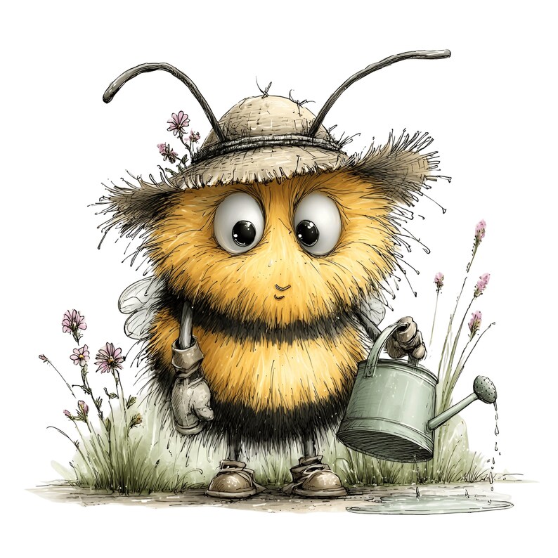 May include: A whimsical illustration of a bee character wearing a straw hat and holding a watering can. The bee is yellow and black, with large eyes and small boots. Pink flowers and green grass surround the bee, creating a garden scene.