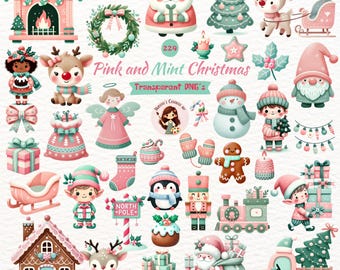 May include: A collection of pink and mint Christmas-themed PNG graphics. The image features Santa Claus, reindeer, elves, a snowman, a gingerbread man, and other festive elements. Text reads "Pink and Mint Christmas" and "Transparent PNG's".