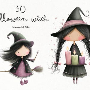 Puede incluir: Ilustraci&oacute;n digital con dos brujas de dibujos animados. Una bruja vuela en una escoba, con un sombrero negro y un vestido rosa. La otra bruja sostiene una bandeja con tres velas encendidas. Incluye el texto "30 Halloween Witch Transparent PNGs."