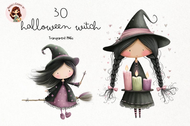Puede incluir: Ilustraci&oacute;n digital con dos brujas de dibujos animados. Una bruja vuela en una escoba, con un sombrero negro y un vestido rosa. La otra bruja sostiene una bandeja con tres velas encendidas. Incluye el texto "30 Halloween Witch Transparent PNGs."