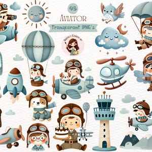 Aviator Baby Shower Clipart / Watercolor Airplane Clipart / Aviator Teddy Bear Clipart / Blue watercolor clipart / Blue Baby Boy Clipart