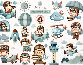 Watercolor Aviator Clipart: Teddy Bear, Airplane, Baby Shower (Digital Download)