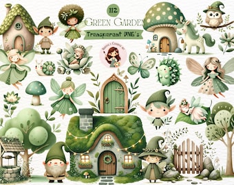 Watercolor Fairy Garden Clipart Bundle, Forest PNG Set (Commercial Use)
