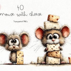 Peut inclure: Illustration à l'aquarelle de deux souris de dessin animé aux grands yeux et oreilles. L'une tient un bloc de fromage, l'autre équilibre une tour de fromage. Le texte indique "40 souris avec fromage" et "PNG transparents".