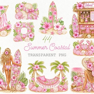 Op de afbeelding: Een verzameling van 44 Summer Coastal transparante PNG-afbeeldingen. De illustraties tonen strandscènes met roze bloemen, schelpen, surfplanken, een strandbar, een hangmat en een vrouw met een surfplank. De tekst "Island Vibes" is zichtbaar.