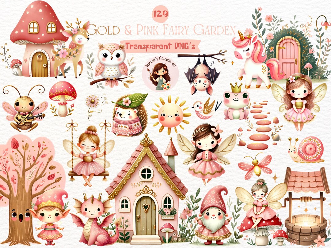 Watercolor Fairy Garden Clipart: Pink Fairies PNG Set (129 Png's ...
