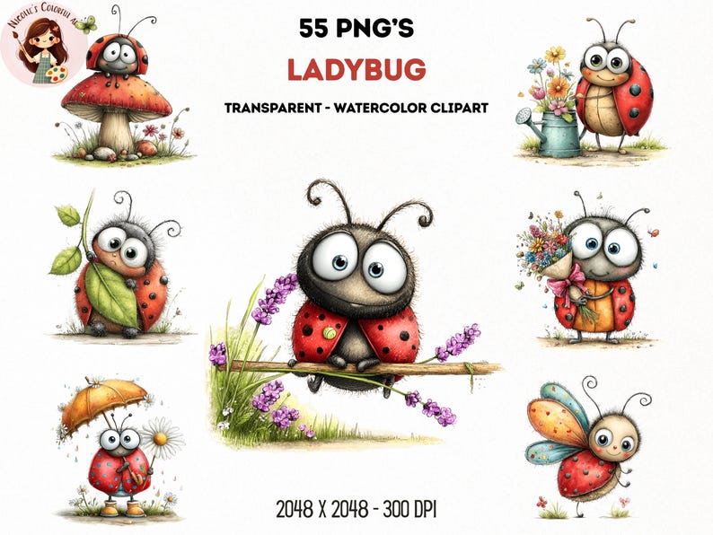 55 lieveheersbeestje png-afbeeldingen | Leuke bundel aquarellieveheersbeestjes | Insectenillustratieset lentetuin voor knutselen (digitale download) afbeelding 12
