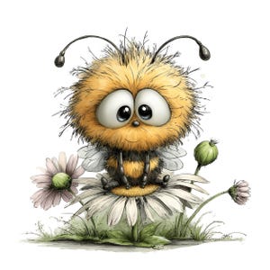 May include: A cartoon illustration of a fluffy bee with large eyes, sitting on a daisy. The bee is yellow and black, with small wings. The daisy has white petals and a yellow center, with green leaves and a pink flower bud.