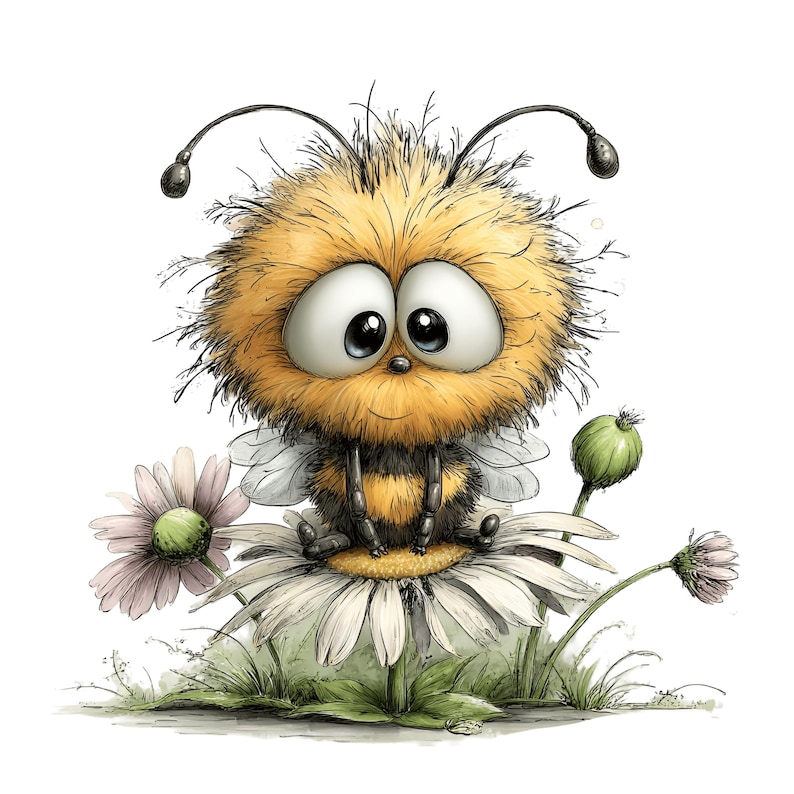 May include: A cartoon illustration of a fluffy bee with large eyes, sitting on a daisy. The bee is yellow and black, with small wings. The daisy has white petals and a yellow center, with green leaves and a pink flower bud.