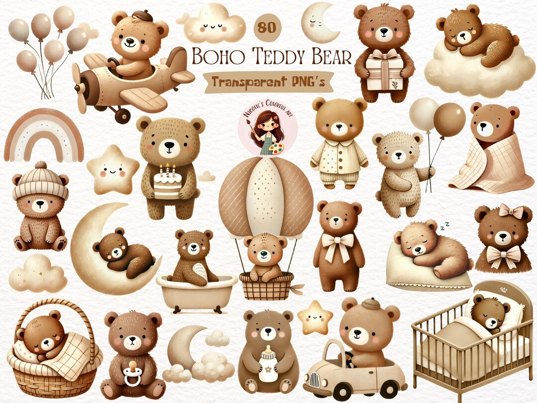 Boho Teddy Bear Clipart Bundle | Baby Bear Watercolor PNG Set for ...