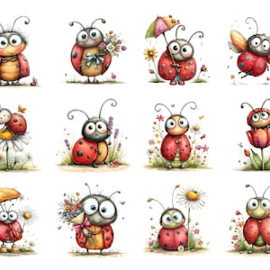 55 lieveheersbeestje png-afbeeldingen | Leuke bundel aquarellieveheersbeestjes | Insectenillustratieset lentetuin voor knutselen (digitale download) afbeelding 11