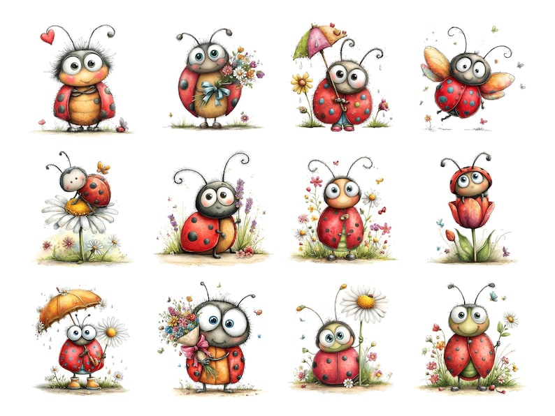 55 lieveheersbeestje png-afbeeldingen | Leuke bundel aquarellieveheersbeestjes | Insectenillustratieset lentetuin voor knutselen (digitale download) afbeelding 11