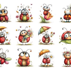 Op de afbeelding: Een verzameling aquarel illustraties met cartoon lieveheersbeestjes in verschillende poses. De lieveheersbeestjes zijn rood met zwarte stippen en hebben expressieve ogen. Sommige houden bloemen, bladeren of paraplu's vast, anderen zijn omringd door vlinders en bloemen.