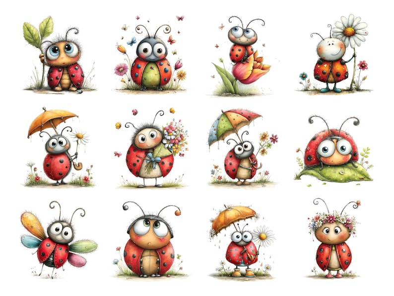 Op de afbeelding: Een verzameling aquarel illustraties met cartoon lieveheersbeestjes in verschillende poses. De lieveheersbeestjes zijn rood met zwarte stippen en hebben expressieve ogen. Sommige houden bloemen, bladeren of paraplu's vast, anderen zijn omringd door vlinders en bloemen.
