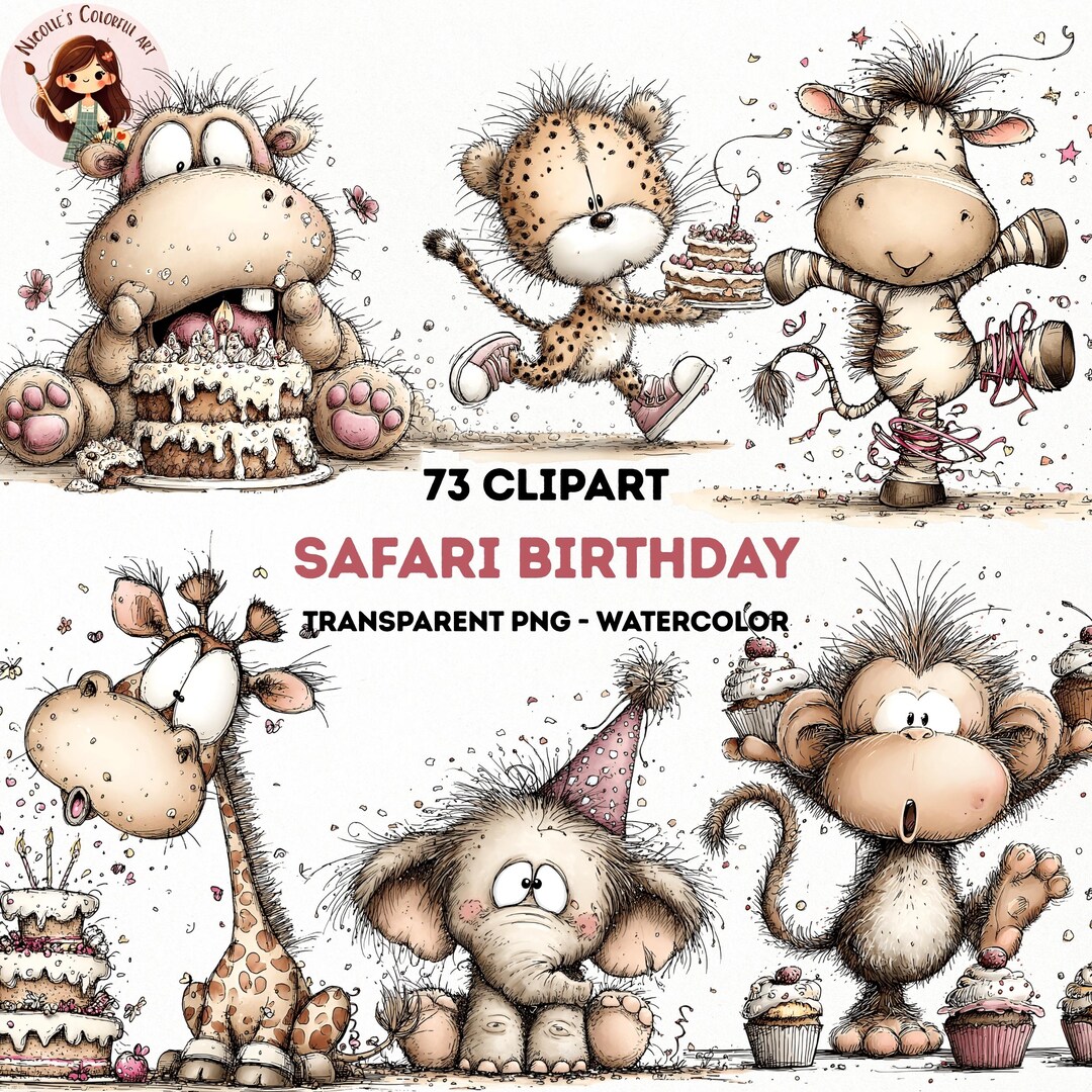 Safari Birthday Clipart PNG Bundle | Cute Jungle Animals Watercolor ...