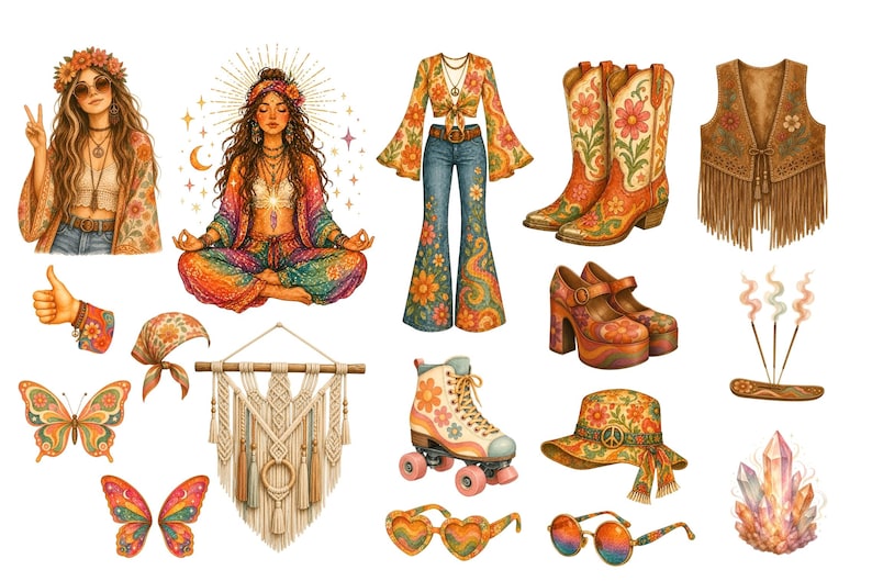 Retro Nostalgia Clipart PNG / Hippie 70s Elements Bundle / Groovy Boho ...