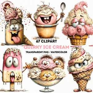 Può includere: Illustrazioni di gelati stravaganti. L'immagine presenta vari coni gelato, coppe e ghiaccioli con facce espressive. Il testo "67 CLPART" e "QUIRKY ICE CREAM" è anch'esso visibile.