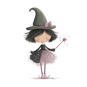 Puede incluir: Ilustraci&oacute;n caprichosa de una joven bruja. Lleva un vestido negro y rosa, mallas a rayas y botas rosas. Un sombrero de bruja gris con un lazo rosa se asienta sobre su cabello negro. Sostiene una varita m&aacute;gica con forma de estrella, con destellos.