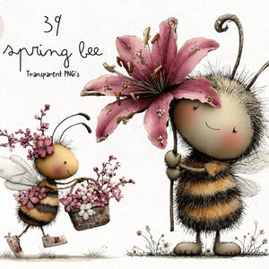 May include: A charming illustration of two cartoon bees. One bee carries a basket of flowers, the other holds a large pink lily. The image includes the text "39 spring bee Transparent PNG's" and a logo of a girl with a paintbrush.