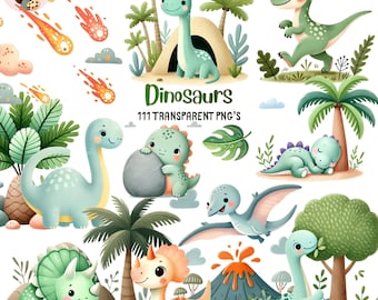 Watercolor Dinosaur Clipart Bundle – Nursery Decor, Party Graphics (Digital Download)