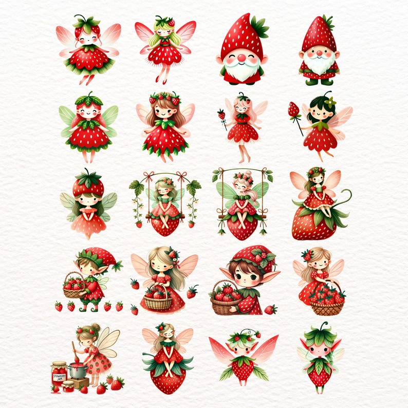 Strawberry Fairy Clipart Bundle, Whimsical Berry Cottagecore PNGs (Digital Download) image 2