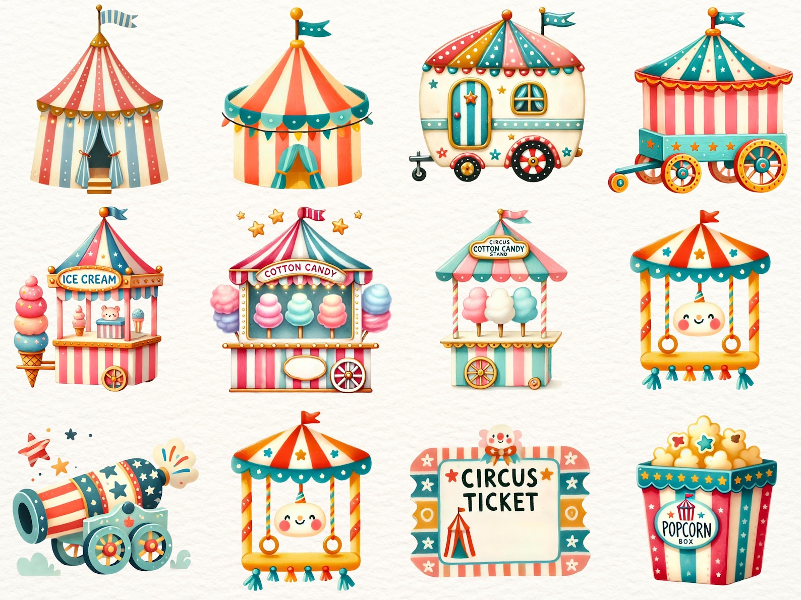 Whimsical Circus Clipart Bundle | Carnival Animals Watercolor PNG Set ...