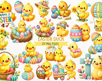 Watercolor Easter Duck Clipart Bundle: 37 PNG Illustrations (Digital Download)