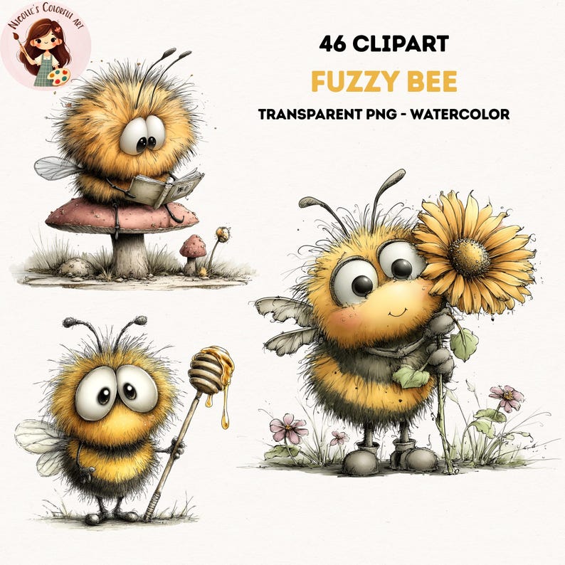 May include: Watercolor clipart set featuring four fuzzy bee illustrations. The bees are depicted in various poses, including reading a book, holding a sunflower, and holding a honey dipper. The text "46 Clipart Fuzzy Bee Transparent PNG - Watercolor" is also included.
