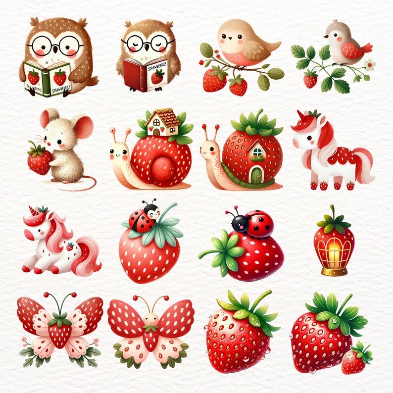 Strawberry Fairy Clipart Bundle, Whimsical Berry Cottagecore PNGs (Digital Download) image 4
