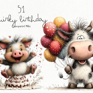 以下が含まれることがあります： 51種類の誕生日をテーマにした透明なPNG画像セット。茶色と白のブタがケーキの上で跳ねて飛び散る様子と、赤、黄、青の風船を持った白黒の牛のイラストが含まれています。画像には「51 quirky birthday Transparent PNGs」というテキストが記載されています。