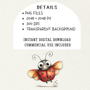 Op de afbeelding: Een illustratie van een lieveheersbeestje met rode en zwarte stippen, oranje vleugels en grote ogen. De afbeelding bevat de tekst "DETAILS" en informatie over de digitale download, waaronder "PNG FILES", "2048 x 2048 PX", "300 DPI" en "TRANSPARENT BACKGROUND".