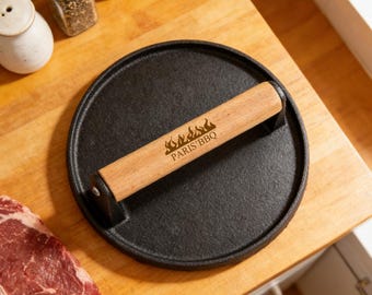Personalized Home Cast Iron Burger Press, Engraved Logo Steak Bacon Press, Custom Name Meat Pressing Tool, BBQ Grill Gift for Dad