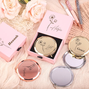Espejo de bolsillo grabado personalizado, regalo de dama de honor, regalo de espejo para mujer, regalo de despedida de soltera de dama de honor, regalo de San Valentín, espejo de maquillaje portátil