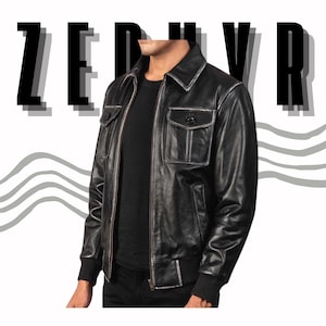 Męska czarna skórzana kurtka – Vintage zniszczony płaszcz motocyklowy – Prawdziwa skóra jagnięca Retro Bomber – Klasyczna moda motocyklowa – Ręcznie robiony prezent