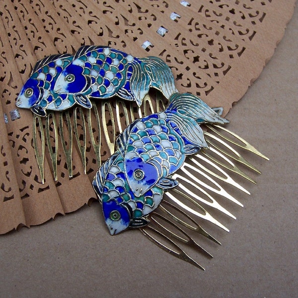 Vintage hair combs 2 Chinese cloisonne blue green fish hair accessory hair pin hair jewelry headdress headpiece hair ornament