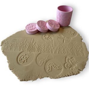 Può includere: Un set di timbri rosa stampati in 3D per creare disegni a tema natura. Include tre timbri rotondi con disegni di insetti, una tazza piccola con dettagli floreali e un pezzo di argilla con immagini di insetti e piante timbrate.