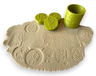 Set de sellos de plastilina de Pascua: Rodillo de paisaje primaveral, conejito y pollito (descarga digital)