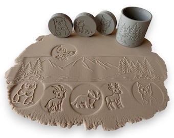 Sellos de plastilina con forma de animales de montaña, rodillo texturizador, juguete sensorial Montessori (descarga digital)