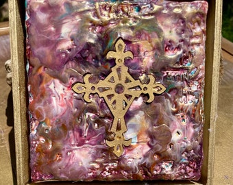 Gold Metallic Cross in Iridescent Violet Encaustic Painting